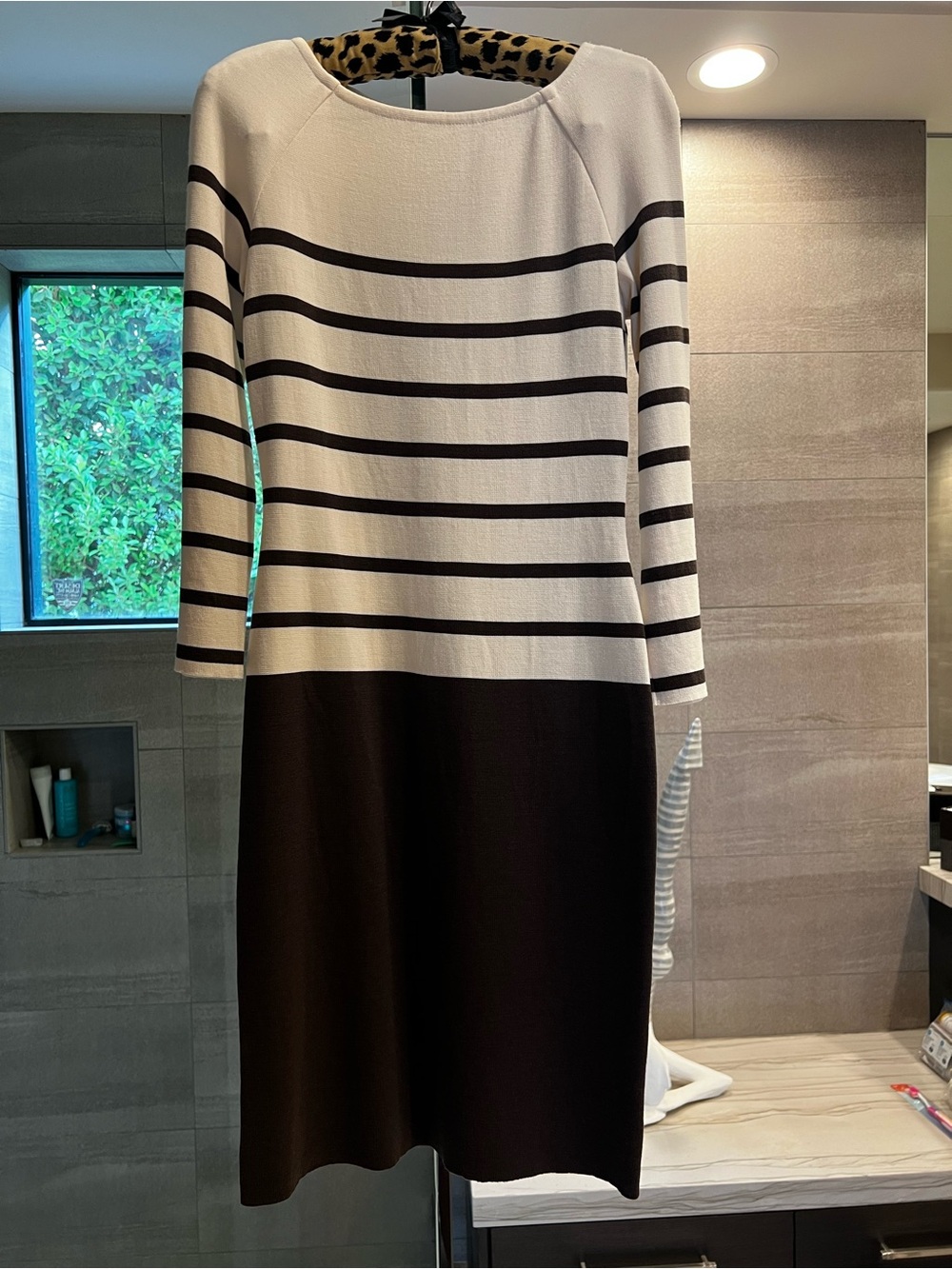 St. John Ivory and Brown Striped Long-Sleeve Knit Dress